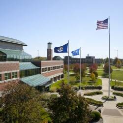 Aerial shot of the student services building on GVSU's Allendale Campus